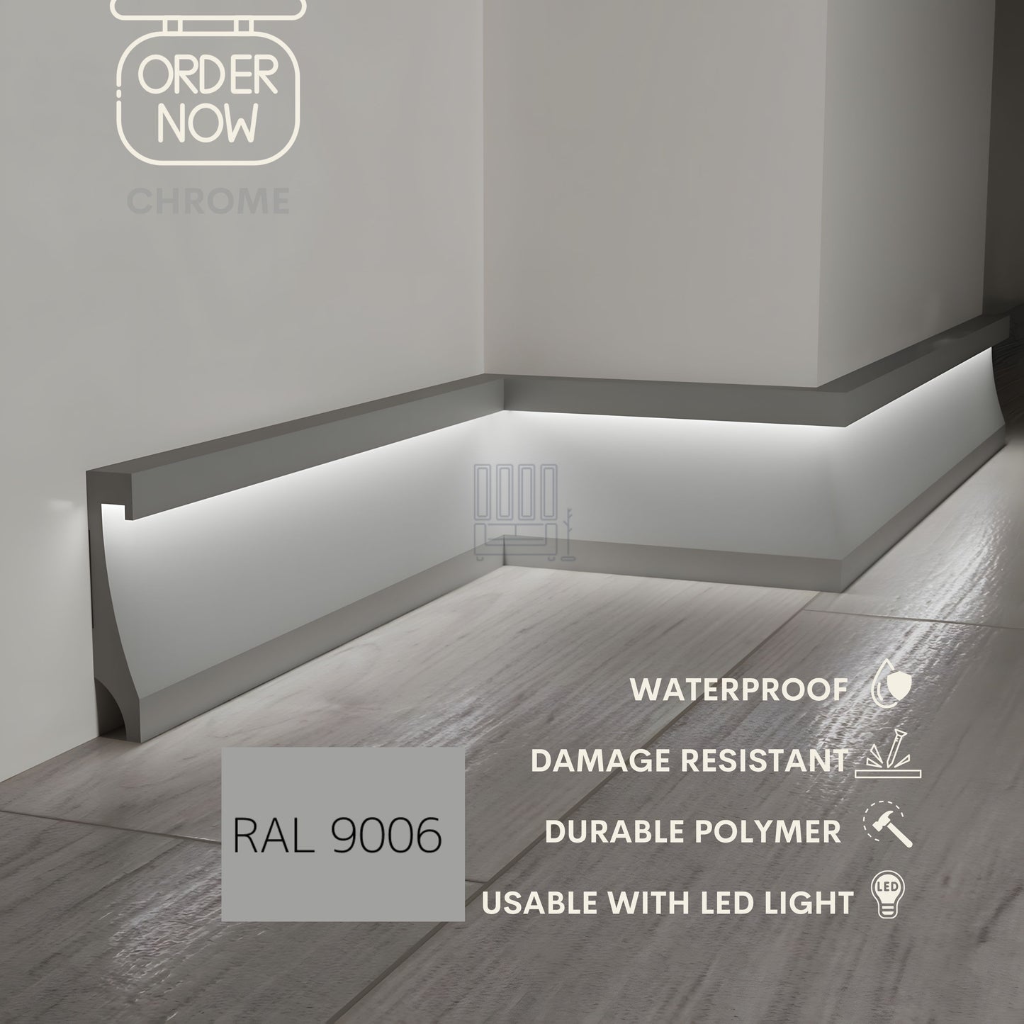 BLACK LED BASEBOARD MOLDING 4.3"H/11CM - DURABLE TRIM - EACH 7.8FT/2.4M