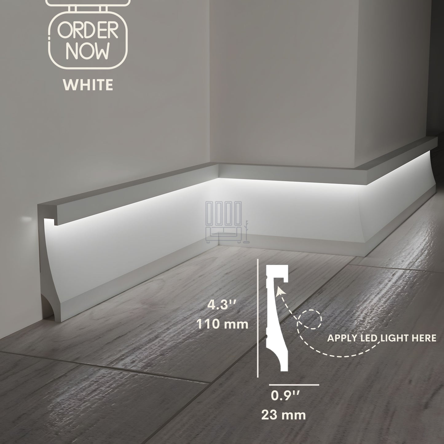 BLACK LED BASEBOARD MOLDING 4.3"H/11CM - DURABLE TRIM - EACH 7.8FT/2.4M