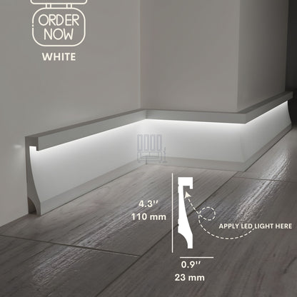 BLACK LED BASEBOARD MOLDING 4.3"H/11CM - DURABLE TRIM - EACH 7.8FT/2.4M