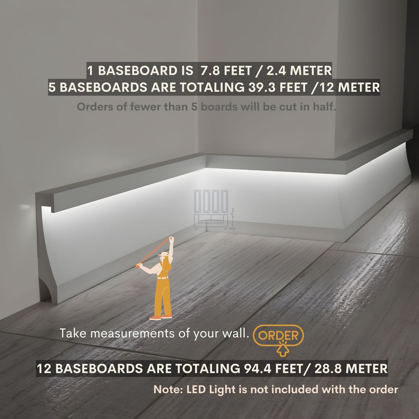 BLACK LED BASEBOARD MOLDING 4.3"H/11CM - DURABLE TRIM - EACH 7.8FT/2.4M
