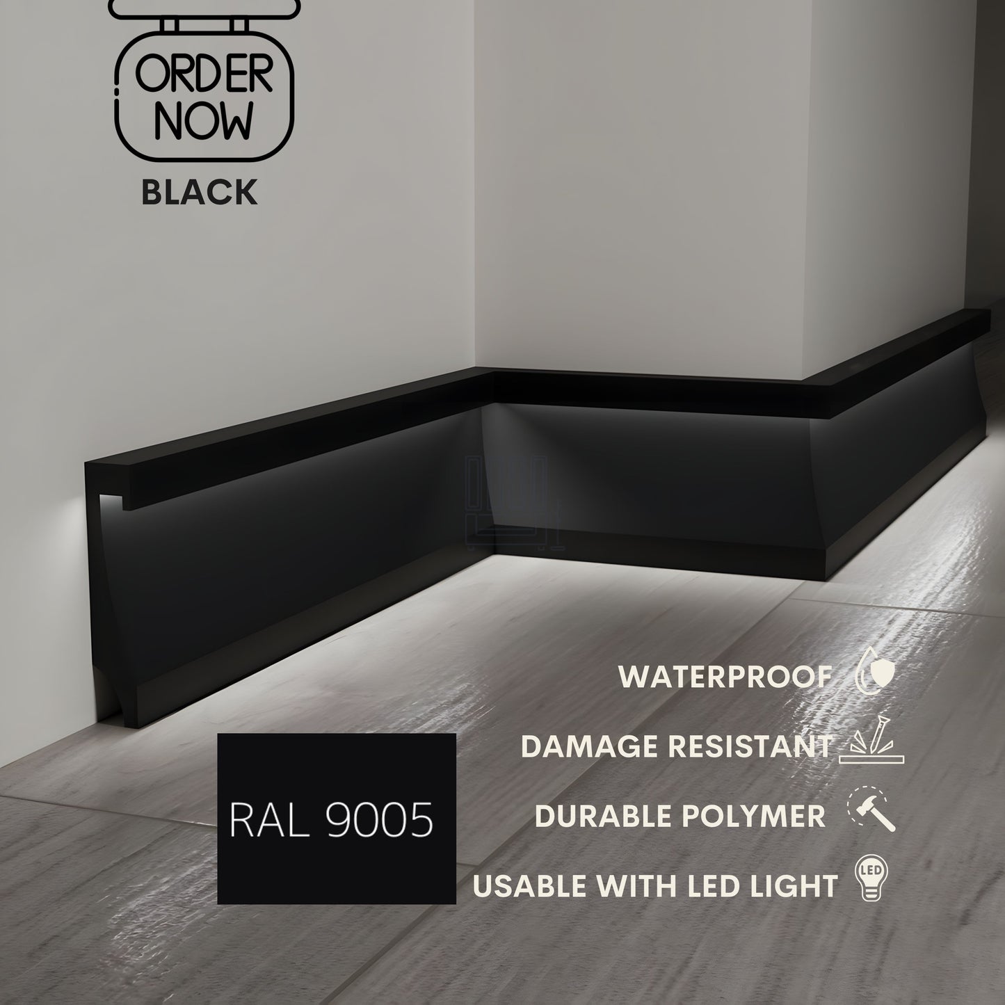 BLACK LED BASEBOARD MOLDING 4.3"H/11CM - DURABLE TRIM - EACH 7.8FT/2.4M