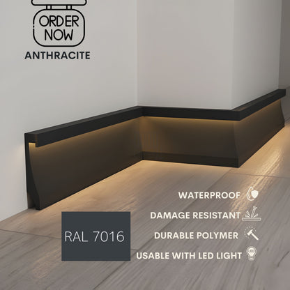 BLACK LED BASEBOARD MOLDING 4.3"H/11CM - DURABLE TRIM - EACH 7.8FT/2.4M