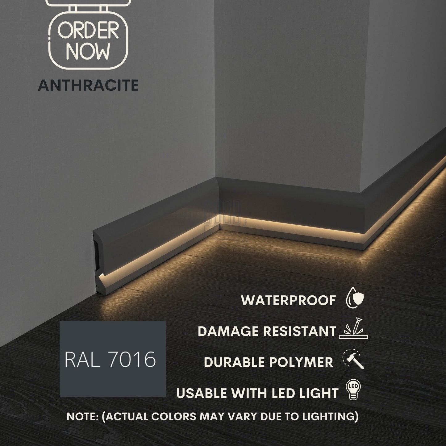 LED BASEBOARD MOLDING 4"H/10CM DURABLE POLYMER TRIM - EACH 7.8FT/2.4M