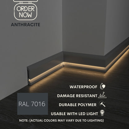 LED BASEBOARD MOLDING 4"H/10CM DURABLE POLYMER TRIM - EACH 7.8FT/2.4M