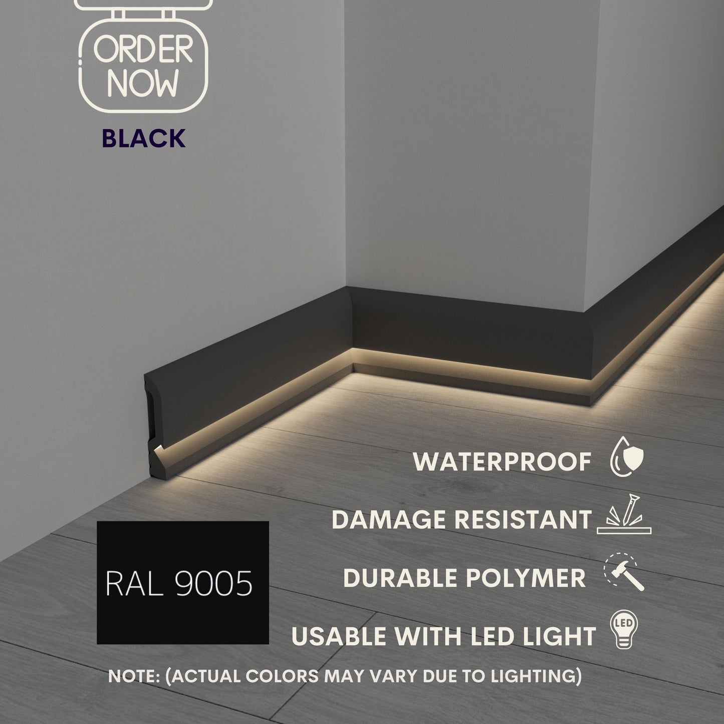 LED BASEBOARD MOLDING 4"H/10CM DURABLE POLYMER TRIM - EACH 7.8FT/2.4M