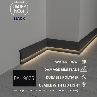 LED BASEBOARD MOLDING 4"H/10CM DURABLE POLYMER TRIM - EACH 7.8FT/2.4M