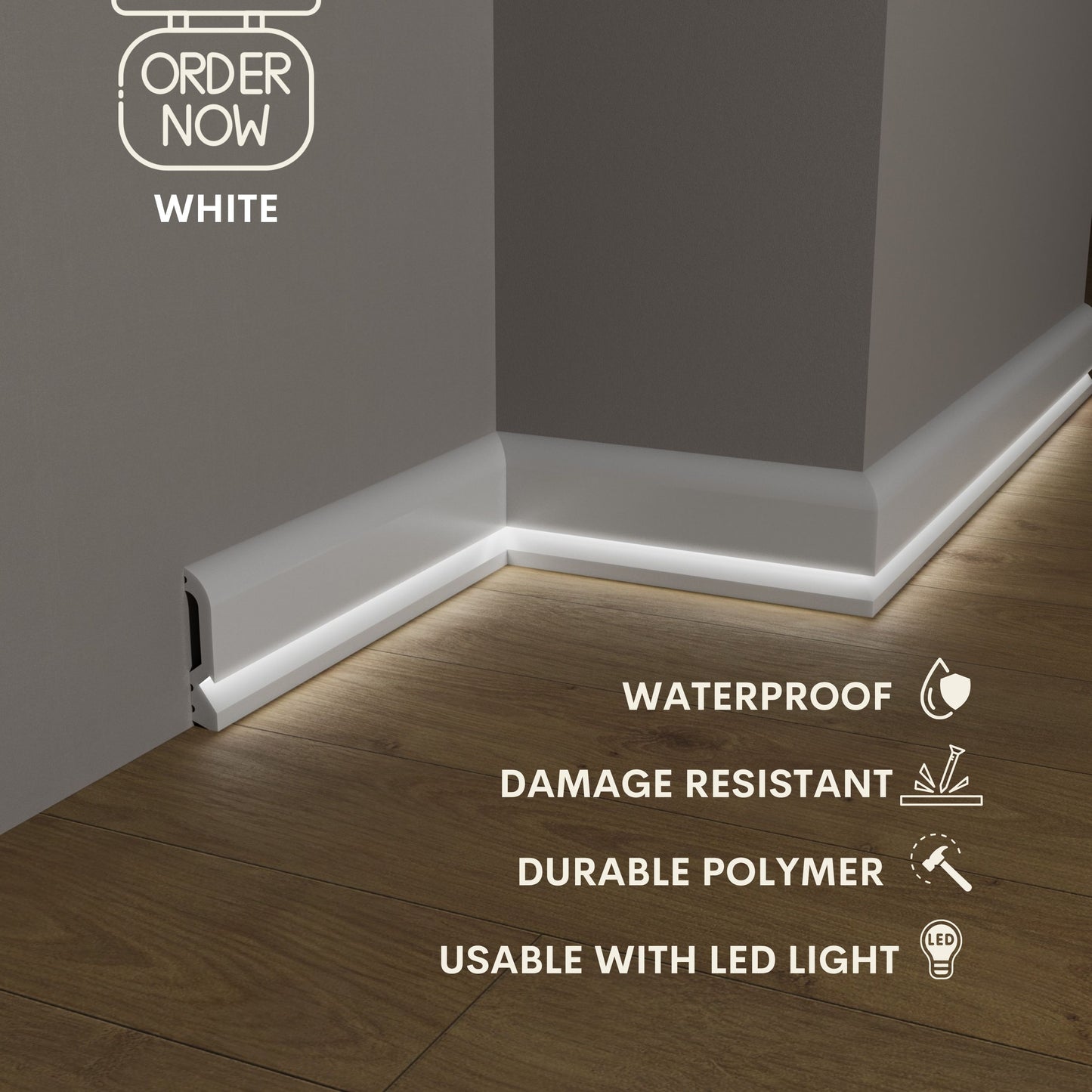 LED BASEBOARD MOLDING 4"H/10CM DURABLE POLYMER TRIM - EACH 7.8FT/2.4M