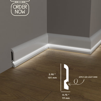 LED BASEBOARD MOLDING 4"H/10CM DURABLE POLYMER TRIM - EACH 7.8FT/2.4M